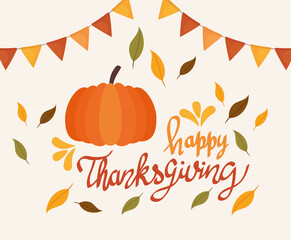 Wall Mural - happy thanksgiving celebration lettering card with pumpkin and garlands vector illustration design