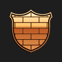 Poster - Gold Shield with cyber security brick wall icon isolated on black background. Data protection symbol. Firewall logo. Network protection. Long shadow style. Vector.