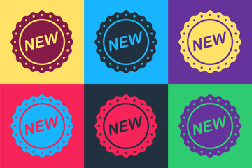 Poster - Pop art Label New icon isolated on color background. Vector.