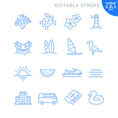 Summer and holiday related icons. Editable stroke. Thin vector icon set