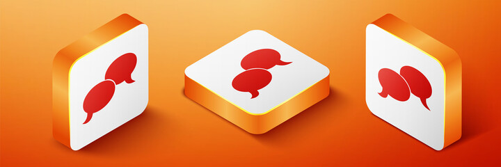 Poster - Isometric Blank speech bubbles icon isolated on orange background. FAQ sign. Copy files, chat speech bubble and chart web icons. Orange square button. Vector.
