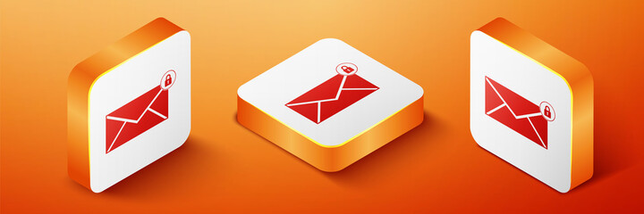 Poster - isometric email message lock password icon isolated on orange background. envelope with padlock. pri