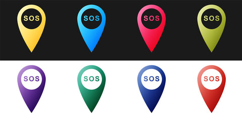Fototapete - set marker location with sos icon isolated on black and white background. sos call location marker. 