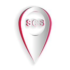 Fototapete - paper cut marker location with sos icon isolated on white background. sos call location marker. map 