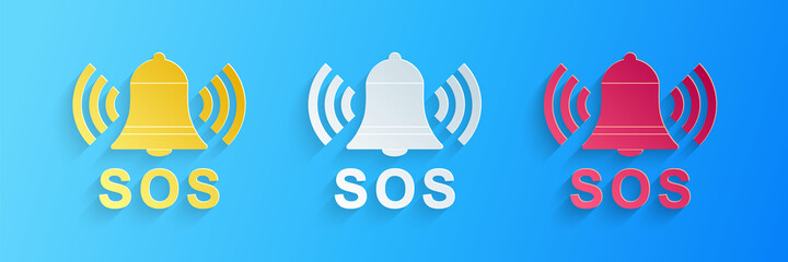 Poster - paper cut alarm bell and sos lettering icon isolated on blue background. warning bell, help sign. em