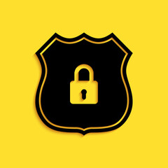 Poster - Black Shield security with lock icon isolated on yellow background. Protection, safety, password security. Firewall access privacy sign. Long shadow style. Vector.