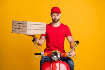 Sticker - Photo of bearded guy ride motorbike hold carton pizza boxes wear red t-shirt cap isolated yellow color background