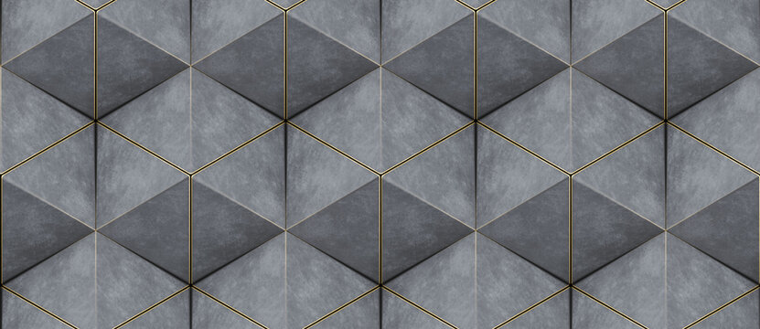 Wall Mural -  - 3D wall of gray triangles with gold edges in the loft style assembled in hexagons and seamless ornament. High quality seamless realistic texture.