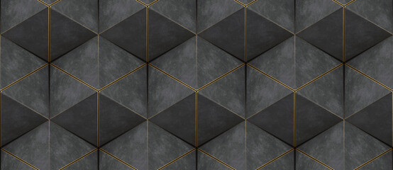 Wall Mural - 3D wall of gray triangles with gold edges in the loft style assembled in hexagons and seamless ornament. High quality seamless realistic texture.