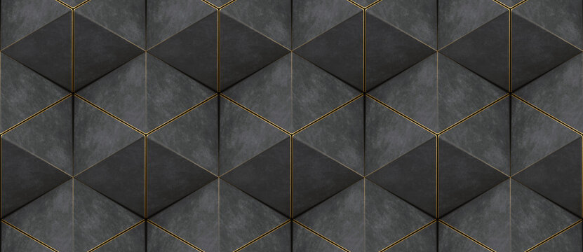 Wall Mural -  - 3D wall of gray triangles with gold edges in the loft style assembled in hexagons and seamless ornament. High quality seamless realistic texture.