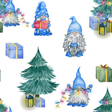 Christmas Cute Blue Gnomes With  Lantern, Gift Boxes And Christmas Tree. Watercolor Scandinavian Dwarfs On White. Winter Holiday. Tiled Background. 