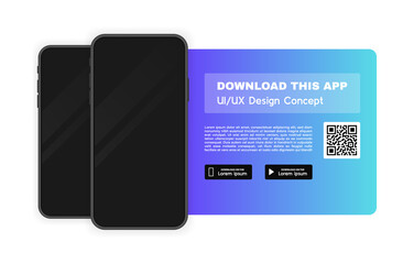 Download this app advertising banner. App for mobile phone. Phone mockup template for your application. Vector illustration