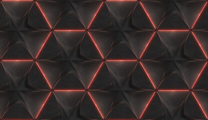 Wall Mural - 3D Wallpaper of black hexagone geometry tiles with red illumination. High quality seamless realistic texture.