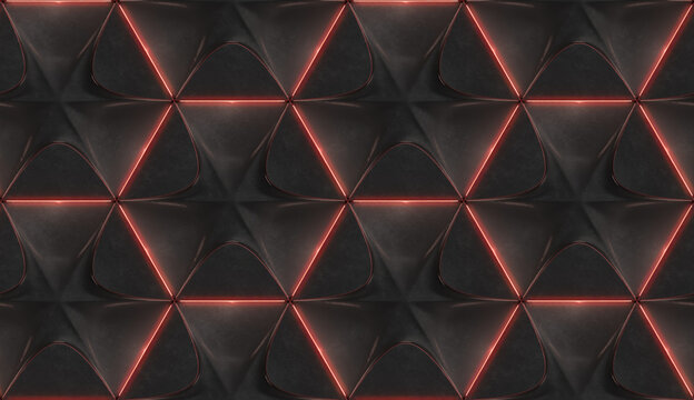 Wall Mural -  - 3D Wallpaper of black hexagone geometry tiles with red illumination. High quality seamless realistic texture.