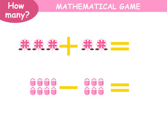 mathematical examples of addition and subtraction. educational page for children.colored flowers
