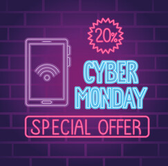 Canvas Print - cyber monday neon lettering with smartphone and seal vector illustration design