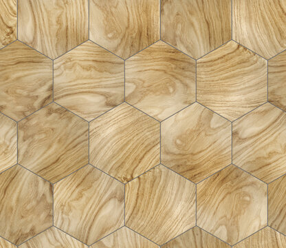 Wall Mural -  - Wallpaper of hexagon tiles of solid wood with gray seams. High quality seamless realistic texture.