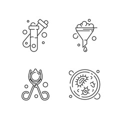 Sticker - Laboratory tools linear icons set. Chemical experimentation. Funnel. Handling hot beakers. Petri dish. Customizable thin line contour symbols. Isolated vector outline illustrations. Editable stroke