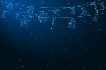 Aufkleber - Low poly hanging Christmas decorations. Merry Christmas and New Year banner. Xmas balls made by polygonal wireframe mesh. Holiday background. Vector.