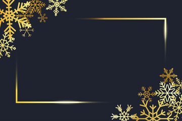 Leinwandbilder - Transparent gold frame angles with golden snowflakes. Banner for Merry Christmas and New Year text. Golden rectangle corners with gold snowflake. Vector.