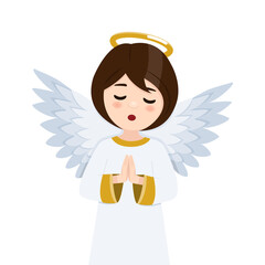 Wall Mural - Foreground praying angel in heaven on a white background. Isolated vector illustration