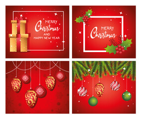 Wall Mural - happy merry christmas letterings cards with gifts and balls vector illustration design