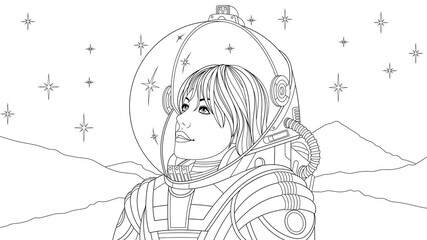 Vector illustration, girl woman in astronaut costume