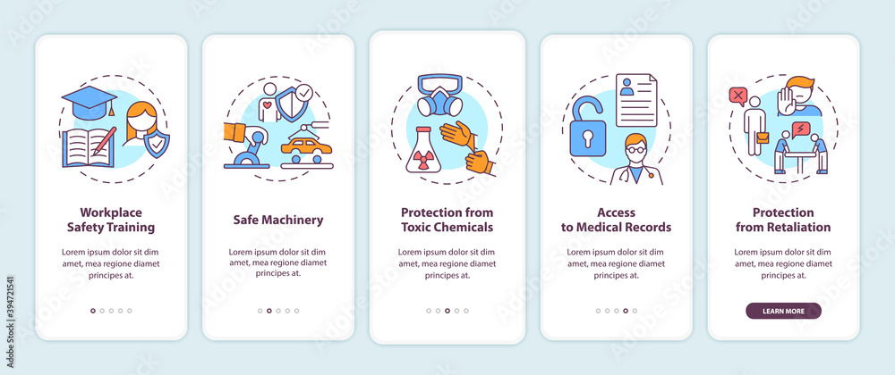 Workplace safety rights onboarding mobile app page screen with concepts ...