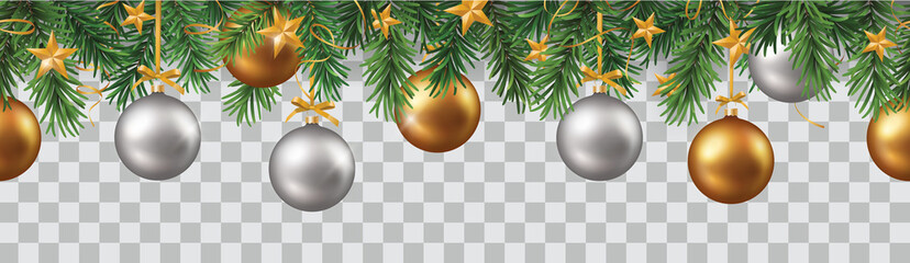 Wall Mural - vector seamless pattern with green branches and gold and silver christmas decorations