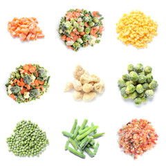 Collage of different frozen vegetables on white background