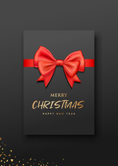 Wall Mural - Greeting card black color, red bow ribbon merry christmas concept design on black background, Eps 10 vector illustration