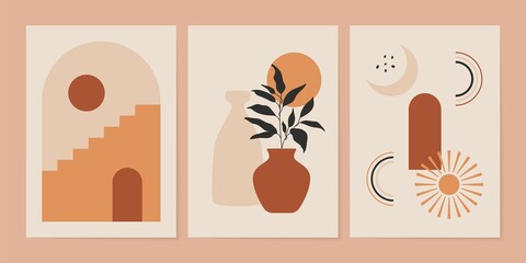 Wall Mural - abstract boho posters. contemporary nature background set bohemian aesthetic, minimalist wall decor.