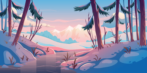 Winter forest with frozen river. Nature landscape background with conifers trees and mountains covered with snow, wild park or garden with icy stream, rocks and pines, Cartoon vector illustration