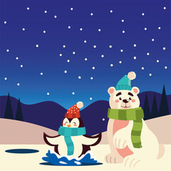 Sticker - merry christmas cute penguin and polar bear in the lake celebration