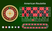 American roulette and online casino. Wheel track and game chips. Flat style vector illustration isolated on green background.