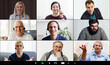 © Angelov - Webcam laptop screen view many faces of diverse people involved in group videoconference on-line meeting lead, team using video call app work solve common issues concept