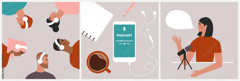 Podcast concept. Set of illustrations about podcasting. People listening to audio in headphones, podcast app on smartphone, podcaster speaking in microphone. Flat vector in trendy style - obrazy, fototapety, plakaty 