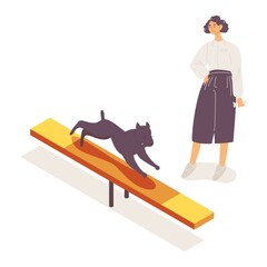 Wall Mural - Young woman watching her dog training on teeter-totter agility equipment. Vector characters isolated on white