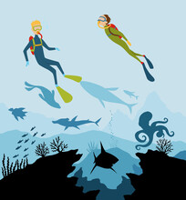 Diver Explorers And Reef Underwater Wildlife. Silhouette Of Coral Reef With Fish And Scuba Diver On A Blue Sea Background. Underwater Marine Wildlife. Nature Vector Illustration