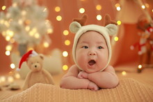 Close-up Of Cute Baby Boy Wearing Santa Hat Lying On Bed
