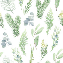 Christmas Seamless Pattern With Green Winter Branches. Watercolor Floral Illustration On White Background In Vintage Style. 
