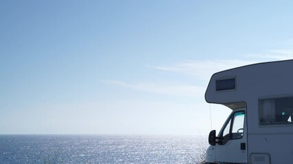 Wall Mural - Spanish coast with camper car rv camping on beach sea shore, Spain Almeria province, Andalusia.