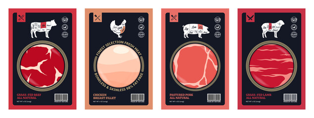 Canvas Print - Vector butchery labels for groceries, meat stores, packaging and advertising. American (US) cuts of beef, chicken, pork and lamb diagrams