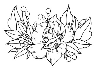 Wall Mural - Illustration. Peony bouquet. Coloring book. Antistress for adults and children. Tattoo. The work is done in manual mode. Black and white.