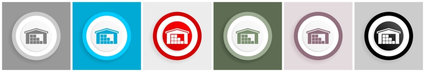 Poster - Warehouse, storage icon set, colorful flat design vector illustrations in 6 options for web design and mobile applications