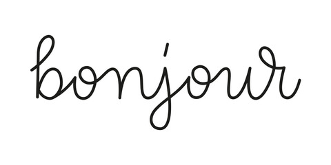 Wall Mural - bonjour hello in french phrase handwritten by one line. monoline vector text element isolated on whi