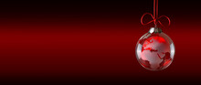 Red Christmas Glasses Earth Ball Bauble With Red Ribbon And Festive Celebration Background