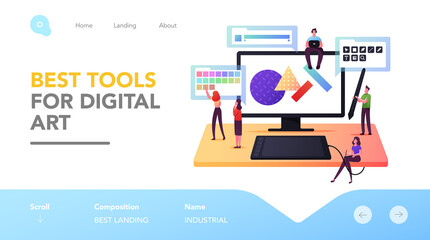 Wall Mural - Creative Digital Art Landing Page Template. Tiny Male and Female Graphic Designer Characters Drawing on Huge Computer