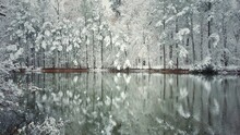 Scenic View Of Icy Lake Reflecting Snow Capped Branches From The Wooded Surroundings.