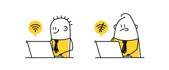 Joyful and upset stickman working on laptop. Wi-Fi включен. Wifi off, denied, network error.